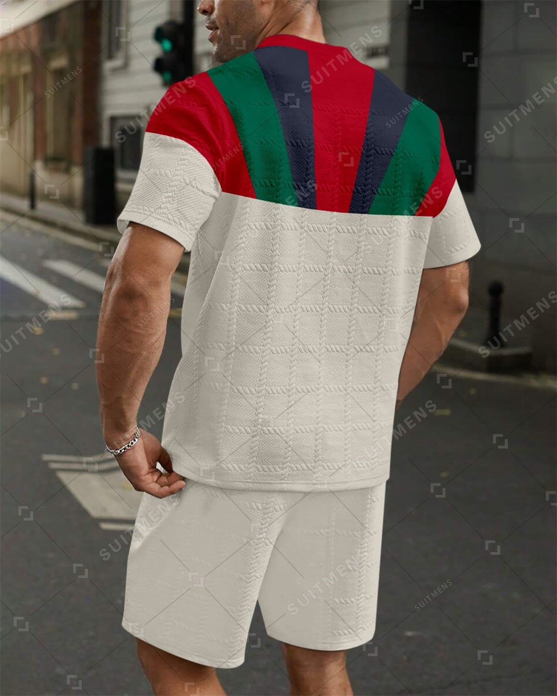 Men's Jacquard Textured Color Block Printed Short Sleeve Shorts Set 0013