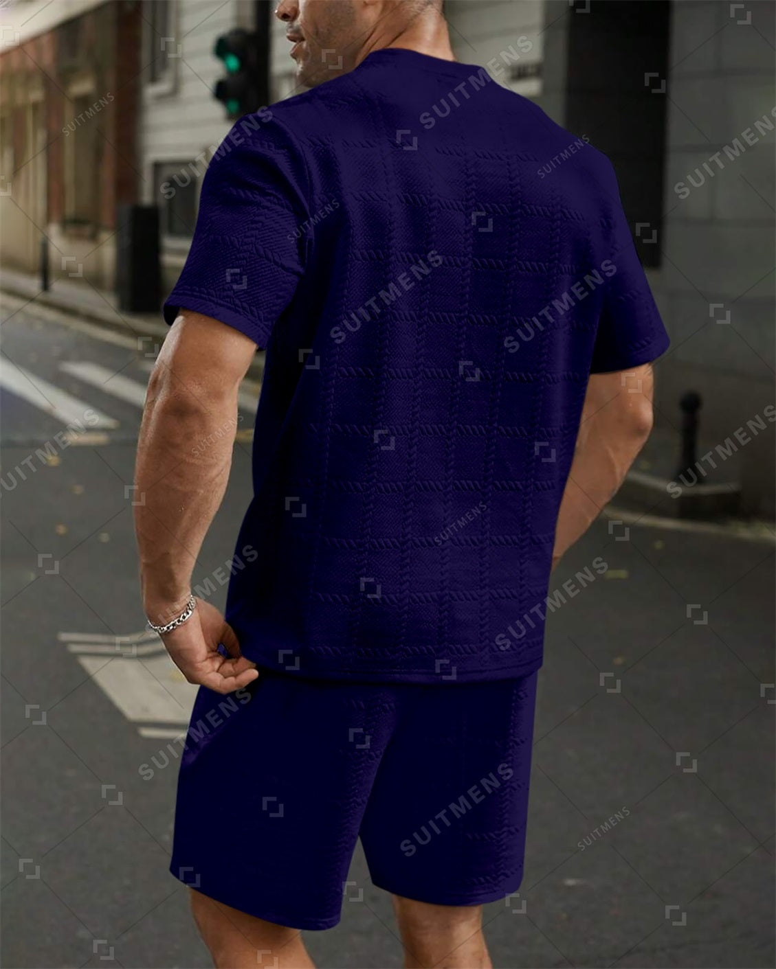 Men's Jacquard Textured Color Block Printed Short Sleeve Shorts Set 0012