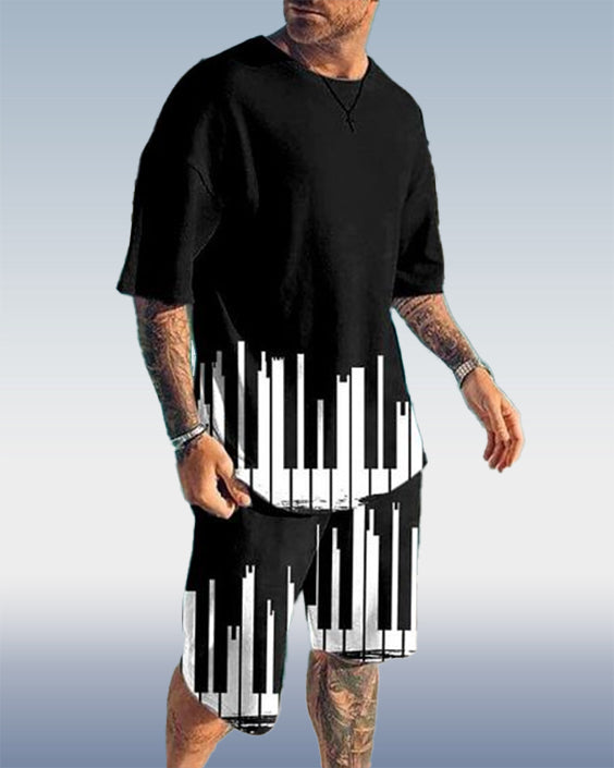 Suitmens Men's Black & White Piano Print Shorts Set 381