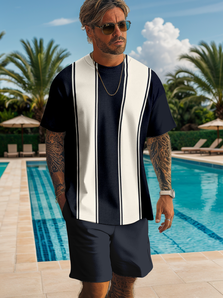 Men's Classic Retro Striped Printed Shorts Set 494