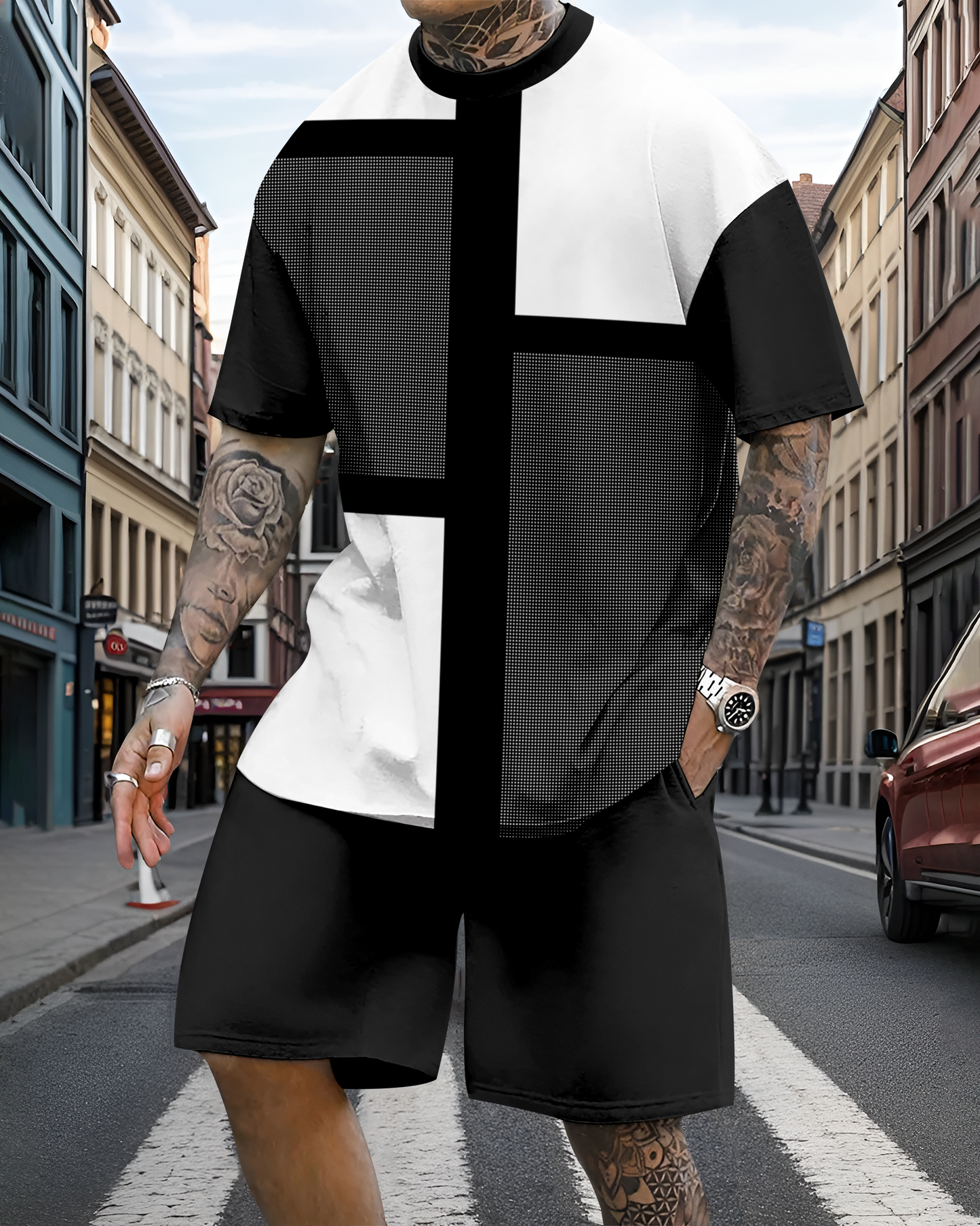 Men's casual colorblock print shorts set 596