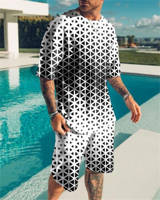Suitmens Men's Black and White Geometric Print Shorts Set 369