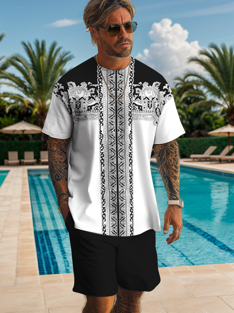 Men's Classic Retro Print Shorts Set 491