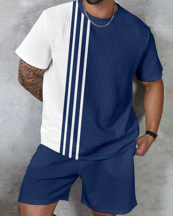Men's textured waffle texture printed shorts Set 016
