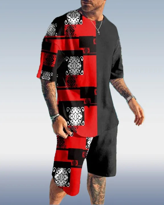 Men's Colorblock Print Shorts Set 419