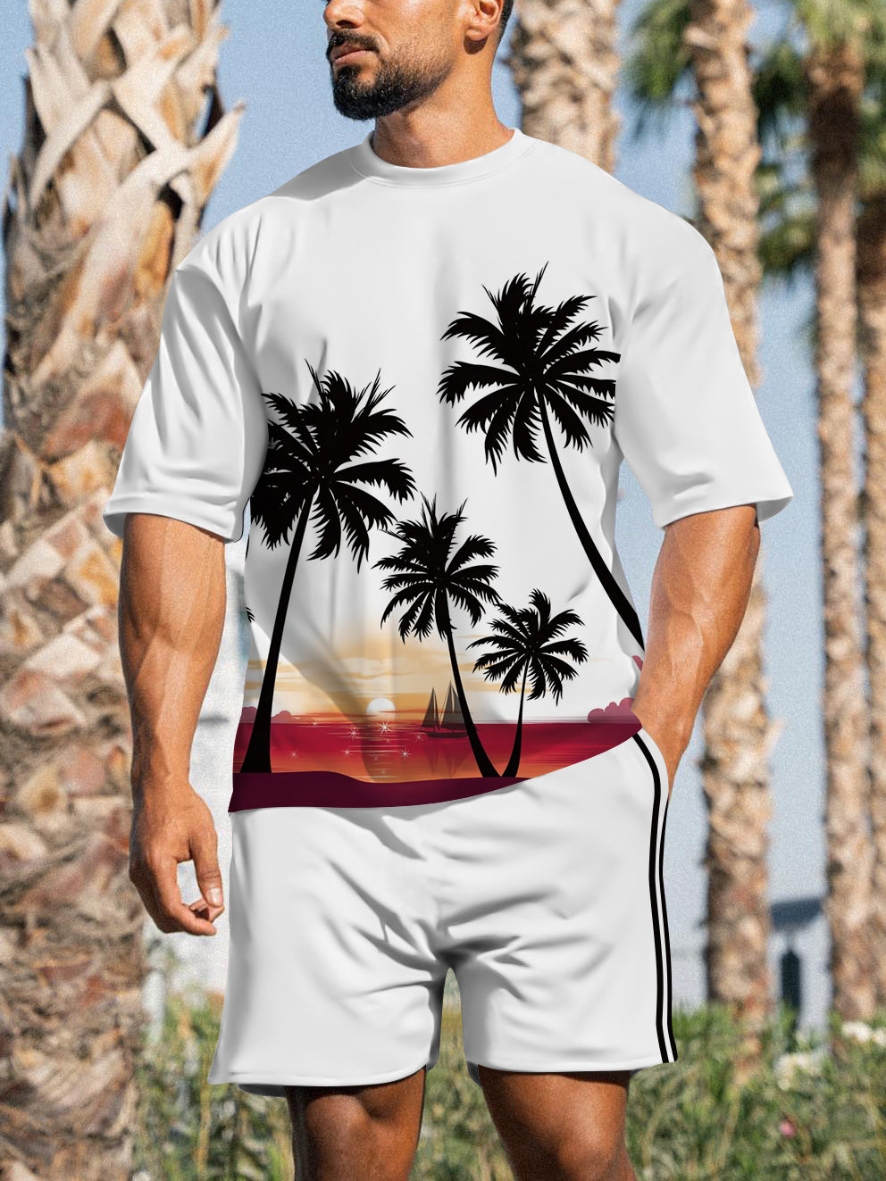 Men's Casual Sports Street Simple Color Block Printed Shorts Suit 001