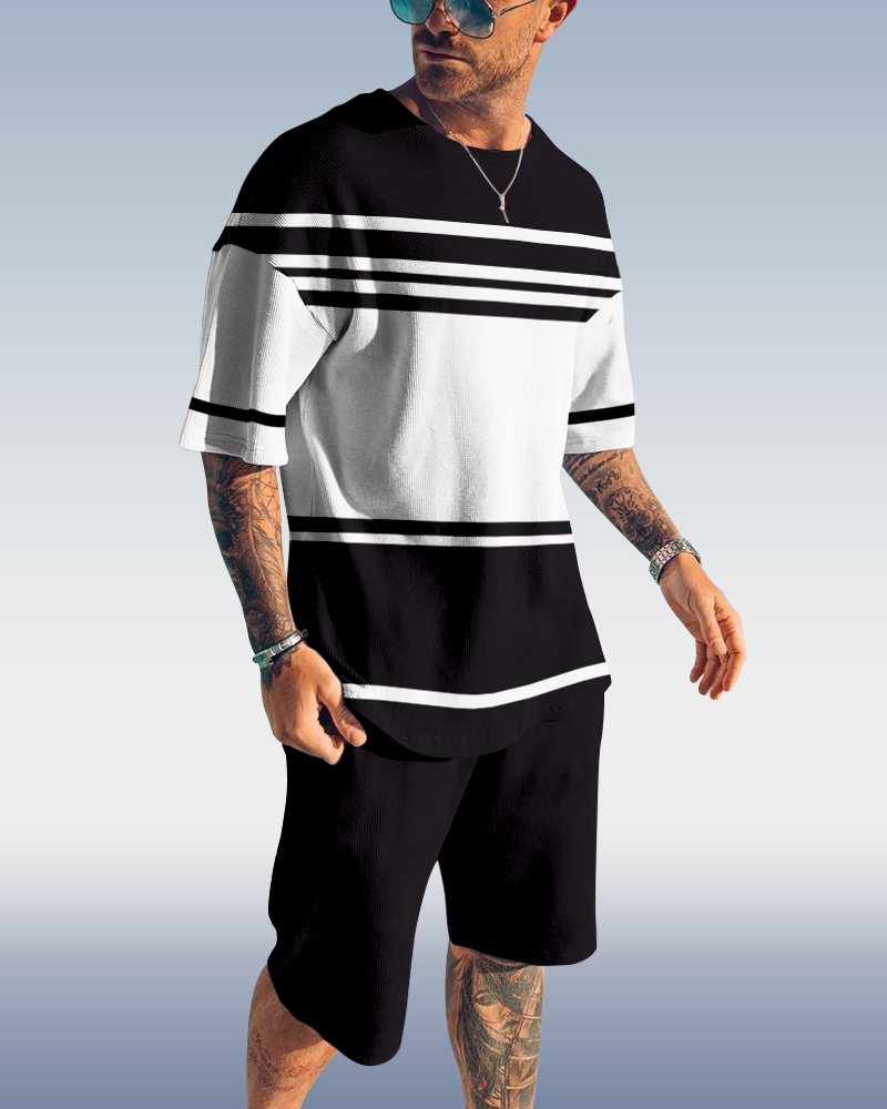 Men's casual color block striped printed shorts Set 522