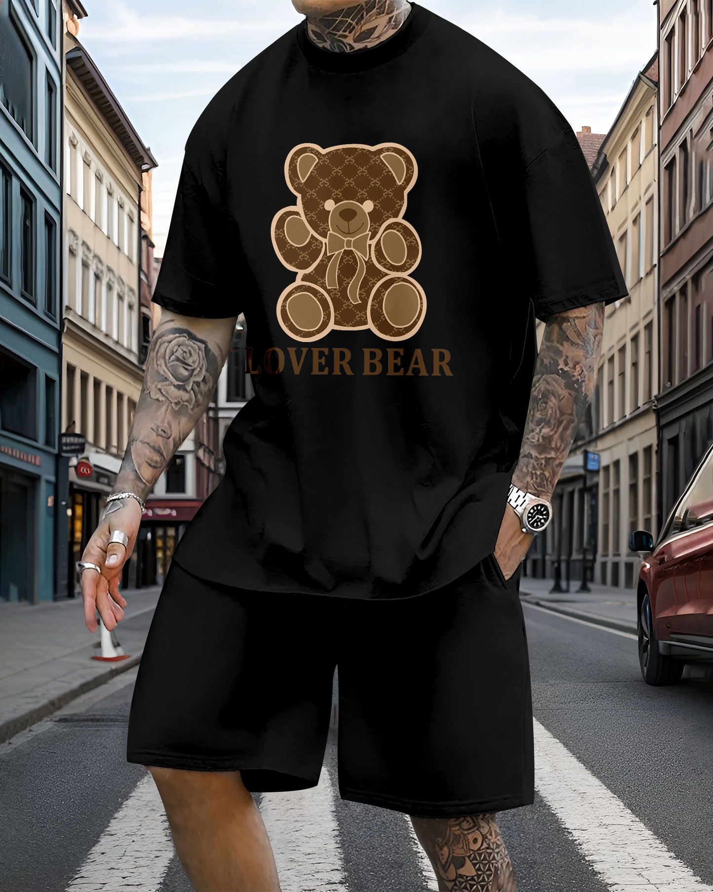 Men's casual fun bear print shorts set 609