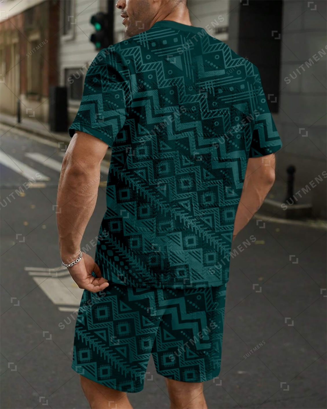 Men's Jacquard Textured Color Block Printed Short Sleeve Shorts Set 002