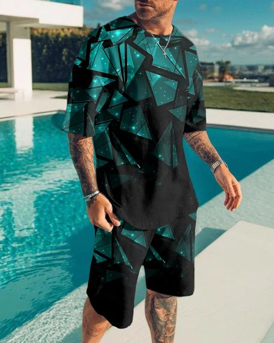 Suitmens Men's Black Vintage Print Shorts Suit