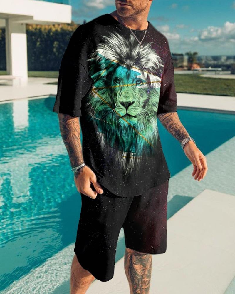 Suitmens Men's Lion Fashion Print Shorts Set 098