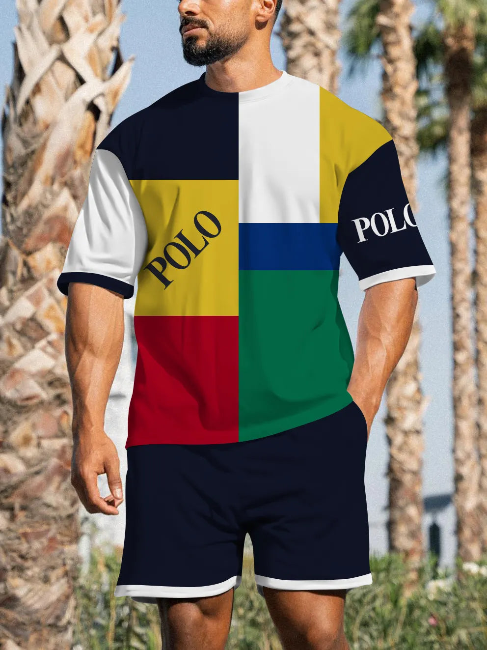 Men's Casual Sports Street Simple Color Block Printed Shorts Suit 012