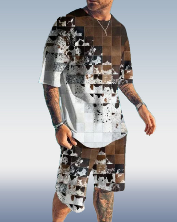 Men's Colorblock Print Shorts Set 418