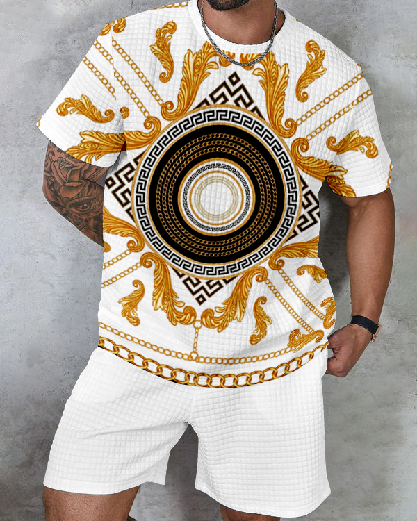 Men's textured waffle texture printed shorts Set 008