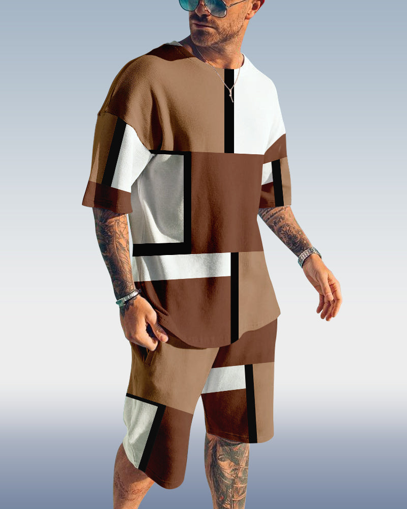Suitmens Men's casual color block printed shorts Set 427