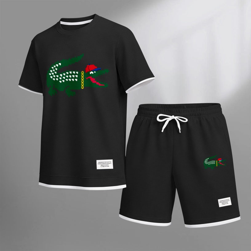 Men's Hip-Hop Crocodile Print Waffle Fabric Short-Sleeved Shirt And Shorts Set