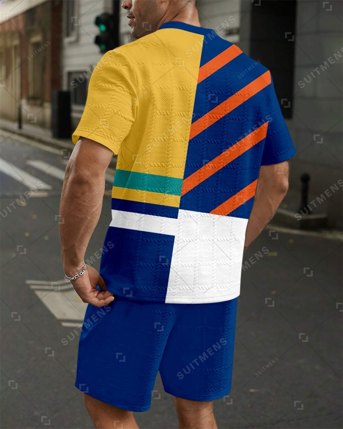 Men's Jacquard Textured Color Block Printed Short Sleeve Shorts Set 006