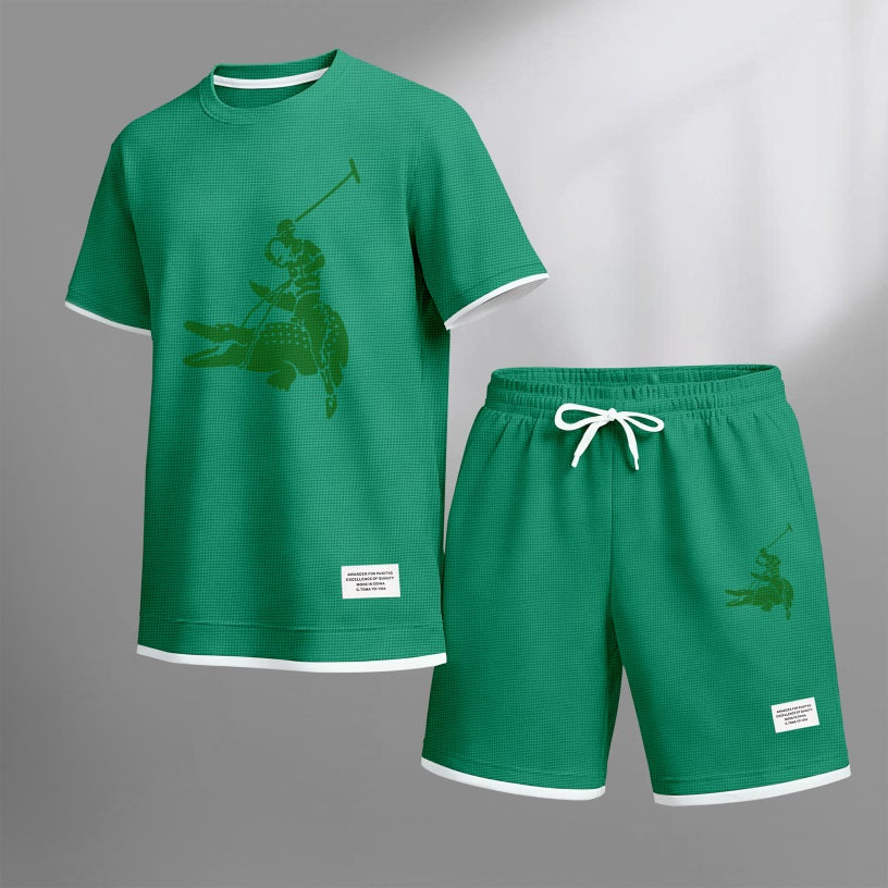 Men's Funny Crocodile Print Waffle Fabric Short-Sleeved Shirt And Shorts Set 02