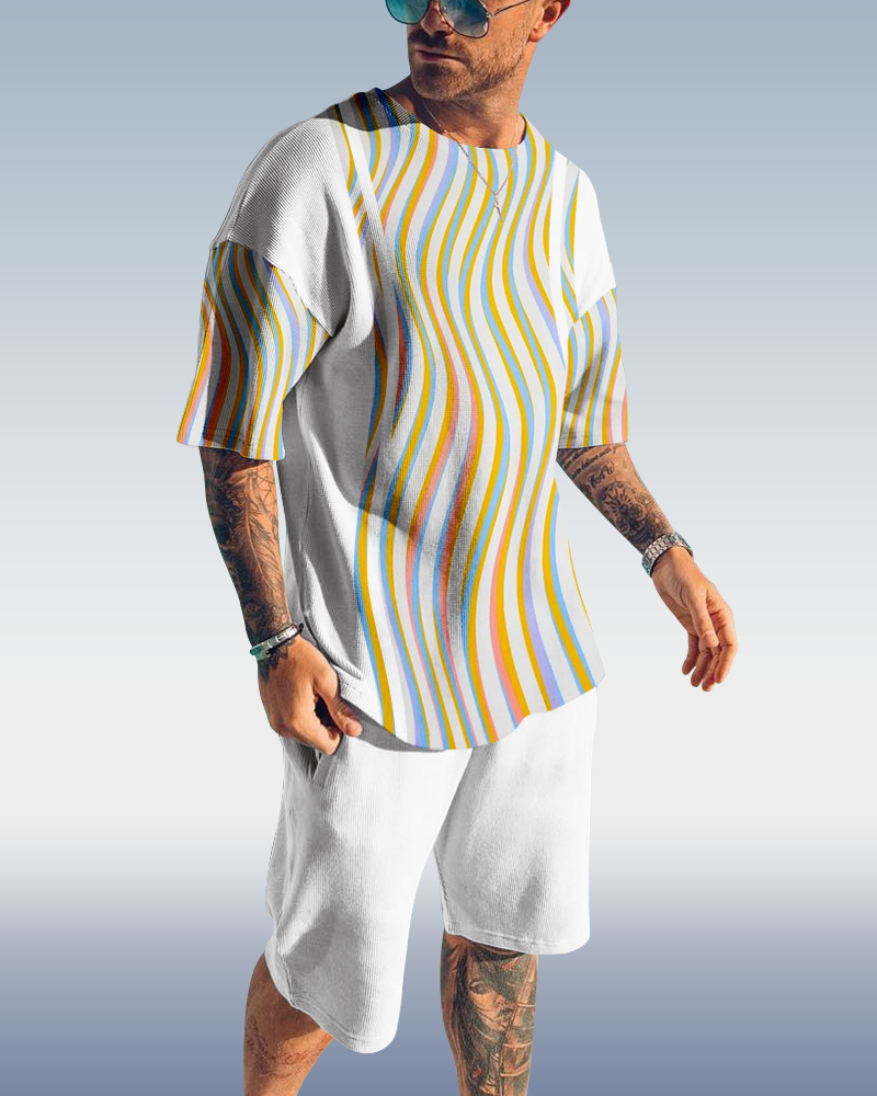 Men's casual color block striped printed shorts Set 521