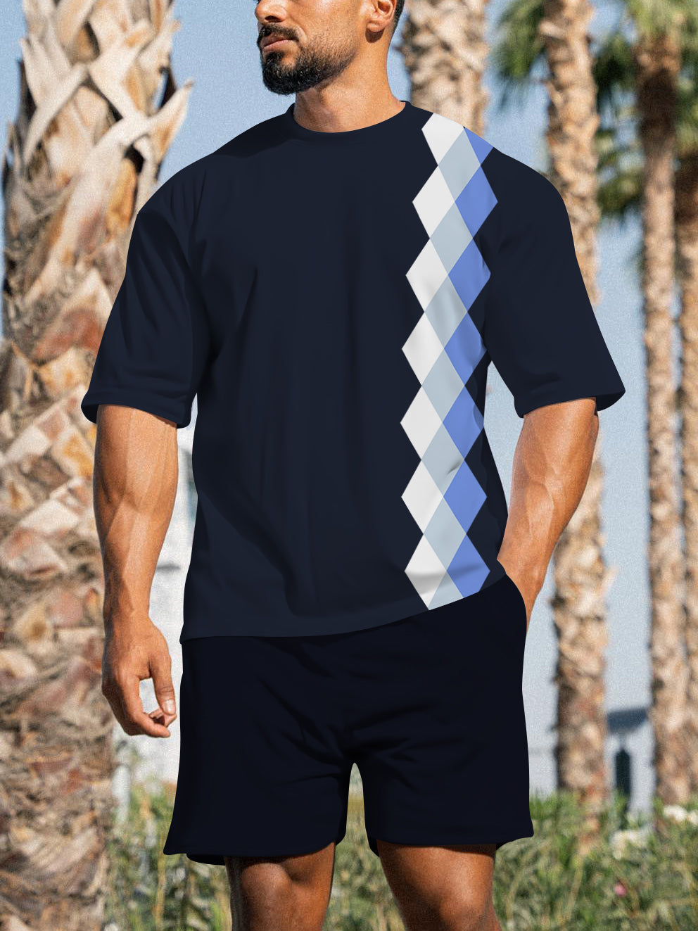 Men's Casual Sports Street Simple Color Block Printed Shorts Suit 020