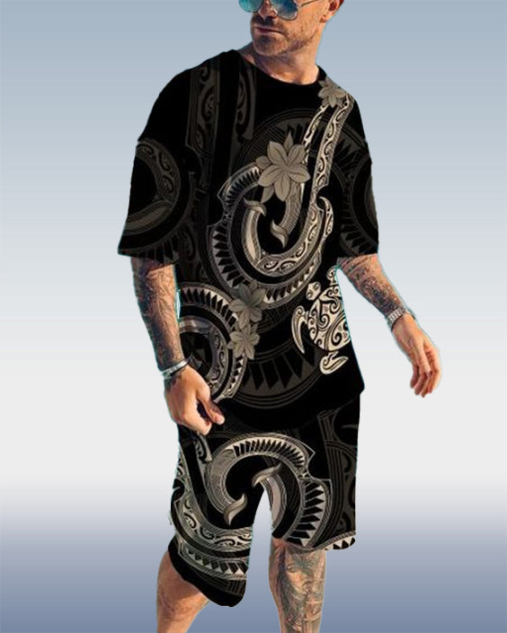 Suitmens Men's Totem Tattoo Print Shorts Set 379