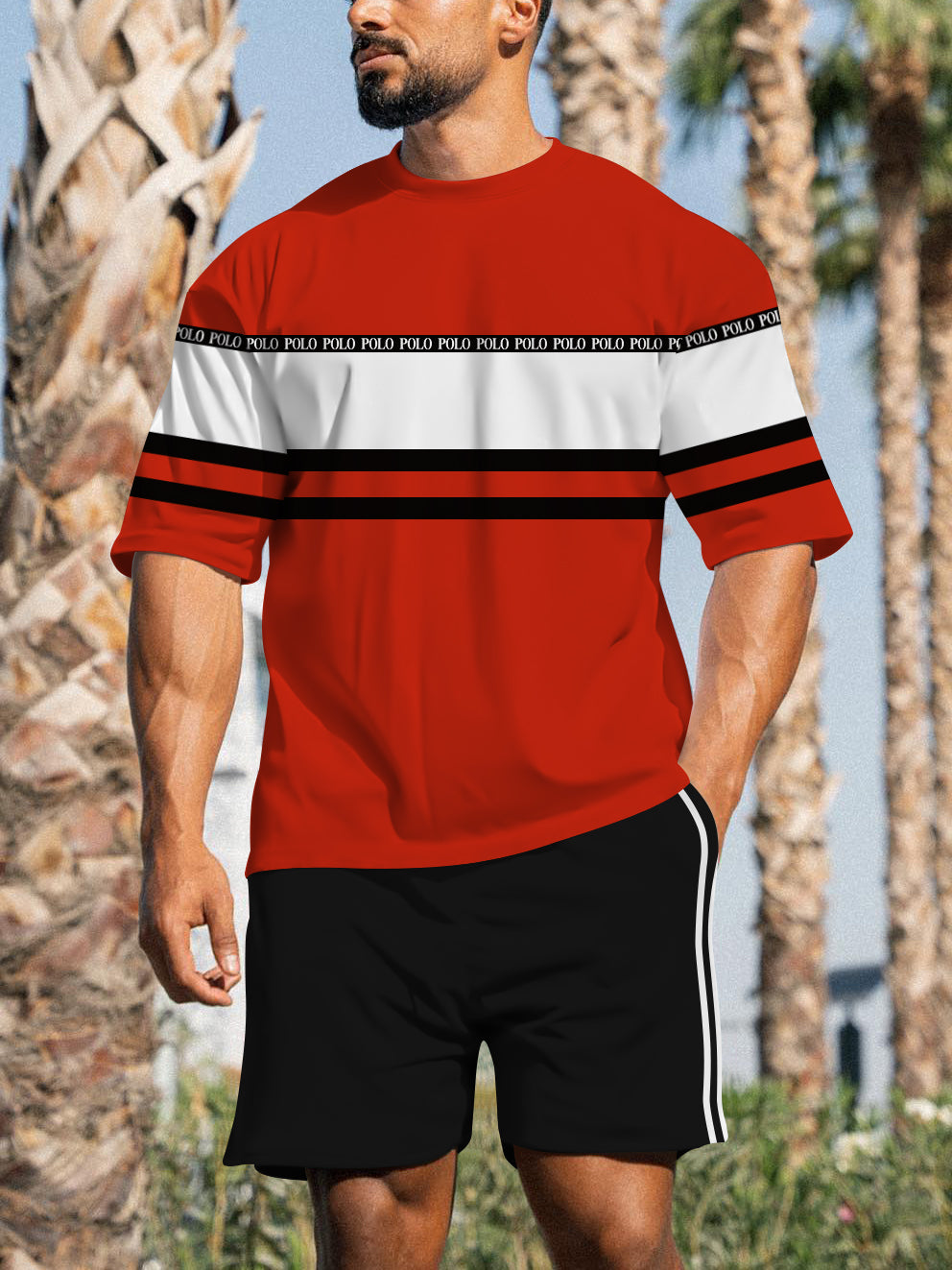 Men's Casual Sports Street Simple Color Block Printed Shorts Suit 023
