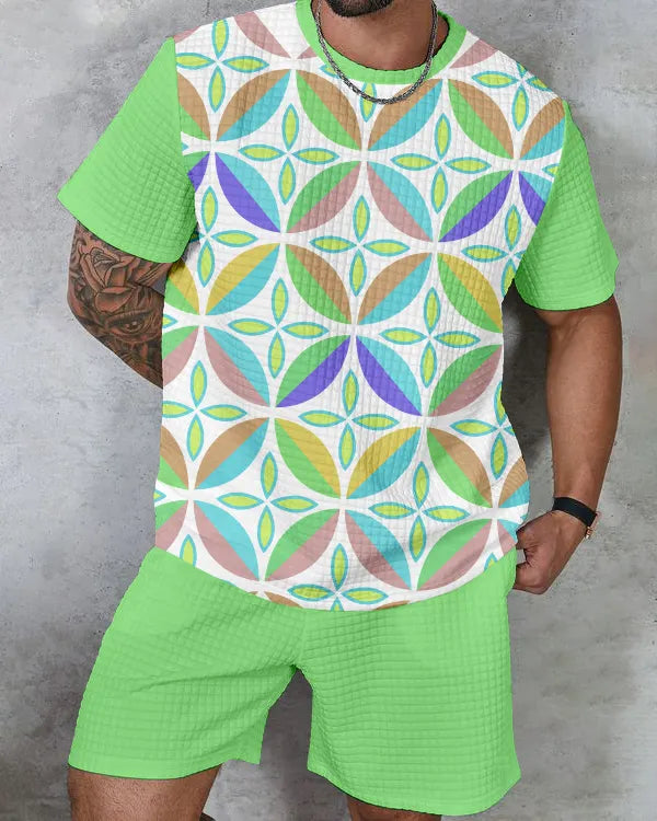 Men's textured waffle texture printed shorts Set 014