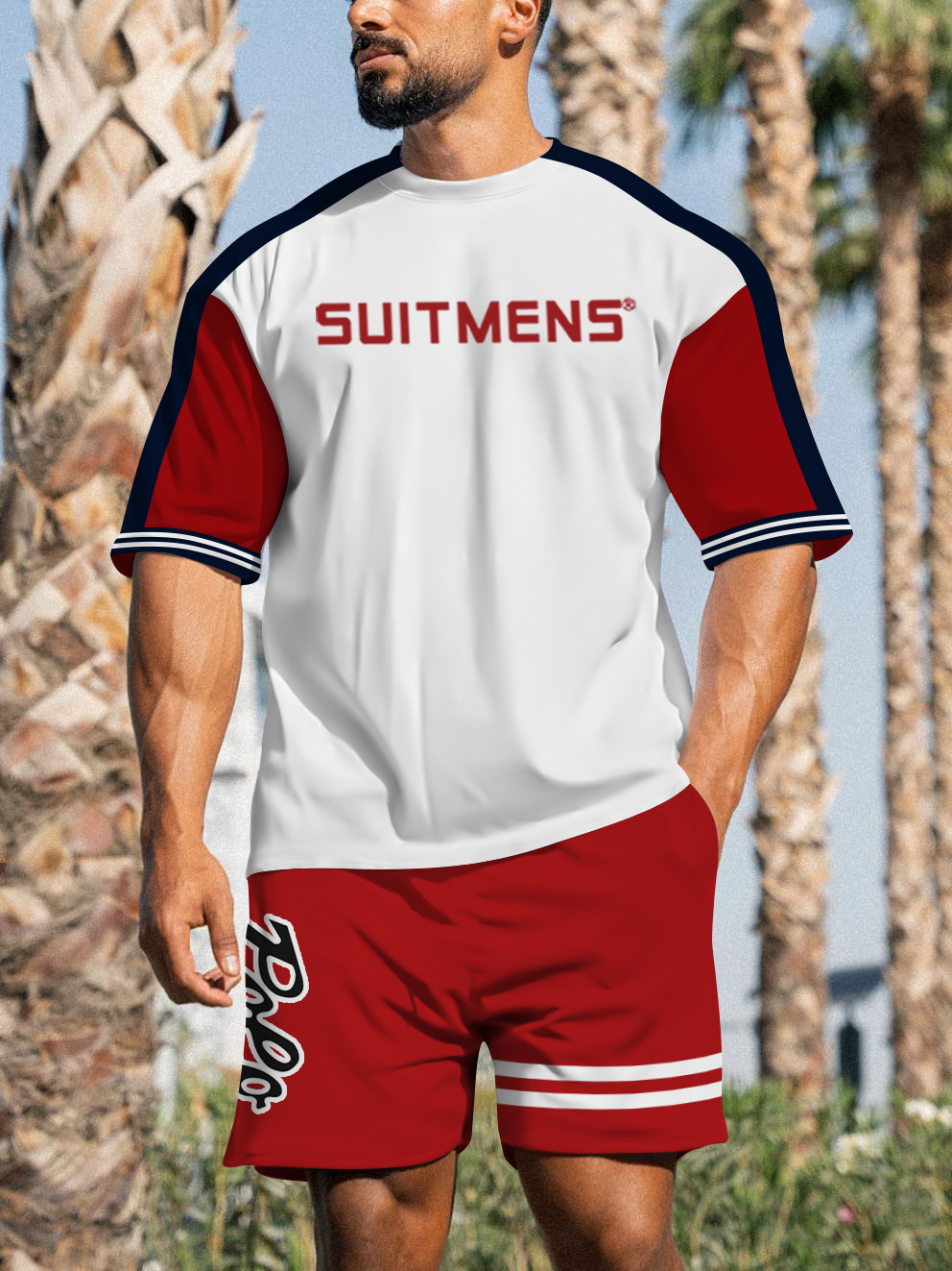 Suitemns Men's Casual Sports Street Simple Color Block Printed Shorts Suit 032