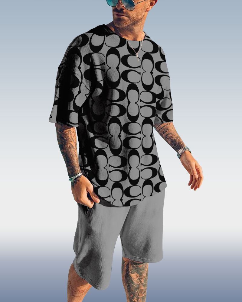 Men's color block printed shorts suit 441