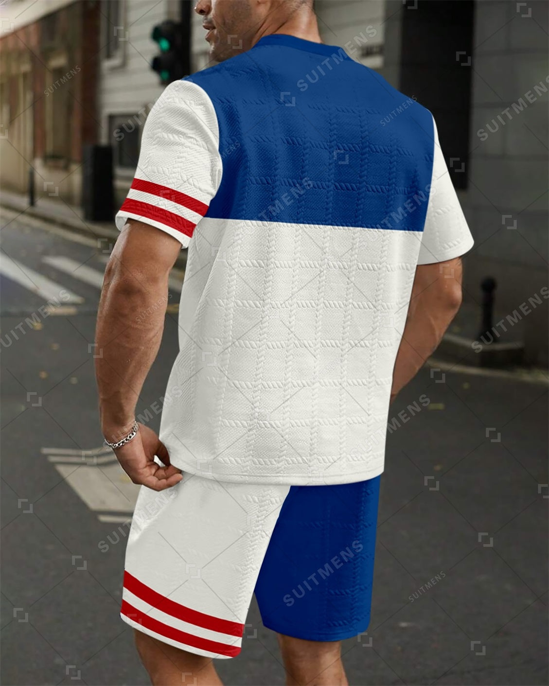 Men's Jacquard Textured Color Block Printed Short Sleeve Shorts Set 008