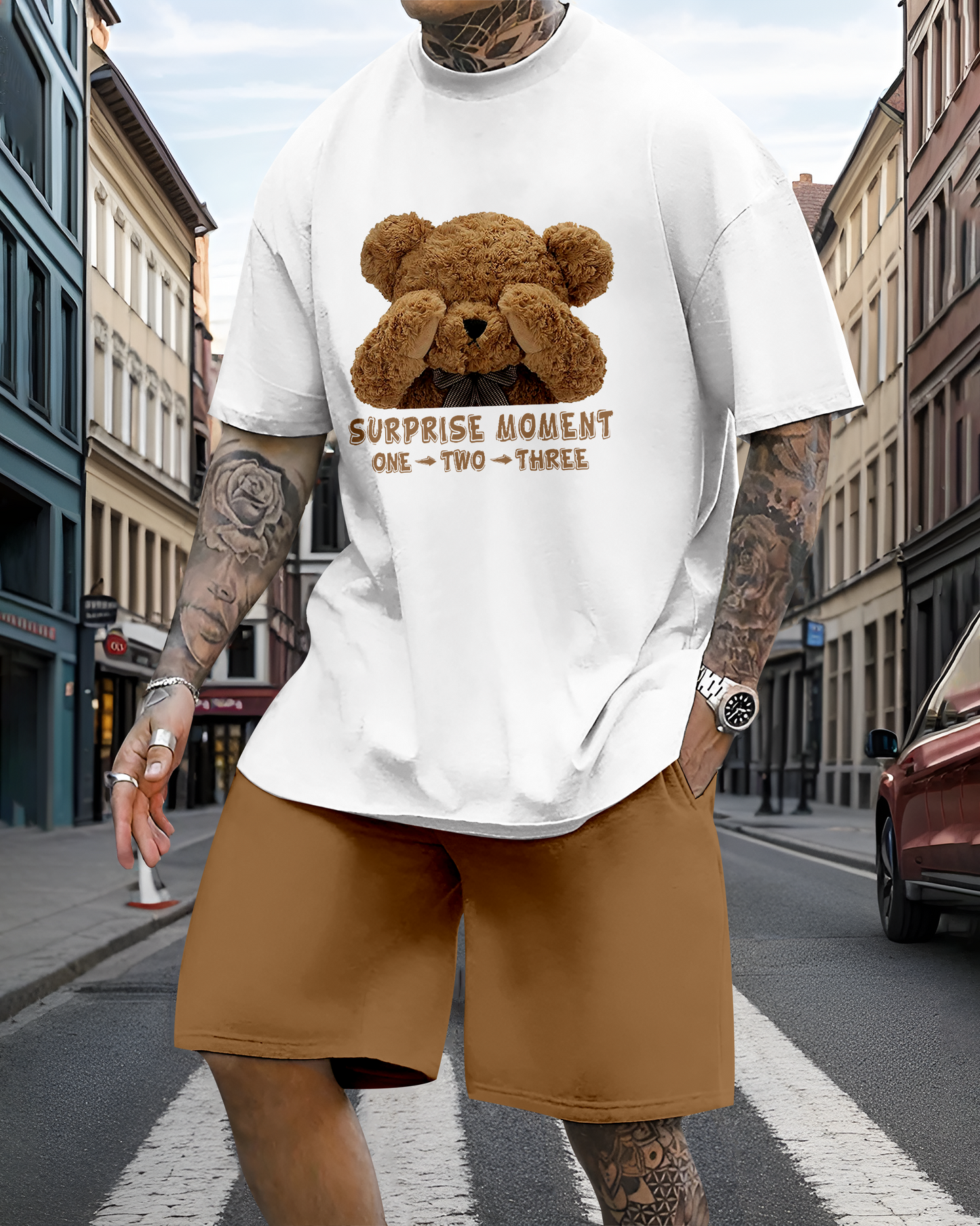 Men's casual fun bear print shorts set 605