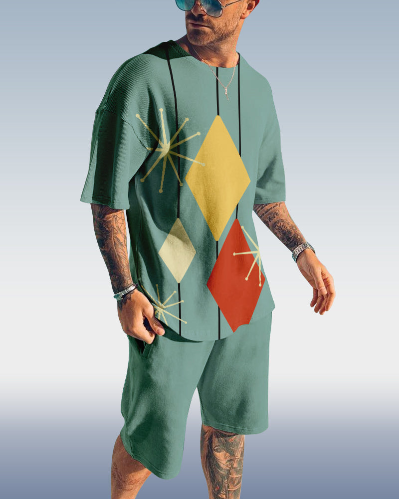 Men's casual color block printed shorts Set 420