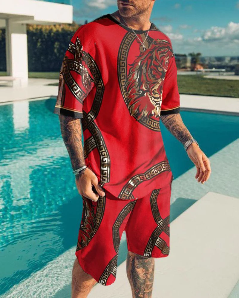 Men's Tiger Print Short Sleeve Two-Piece Set 3 Colors