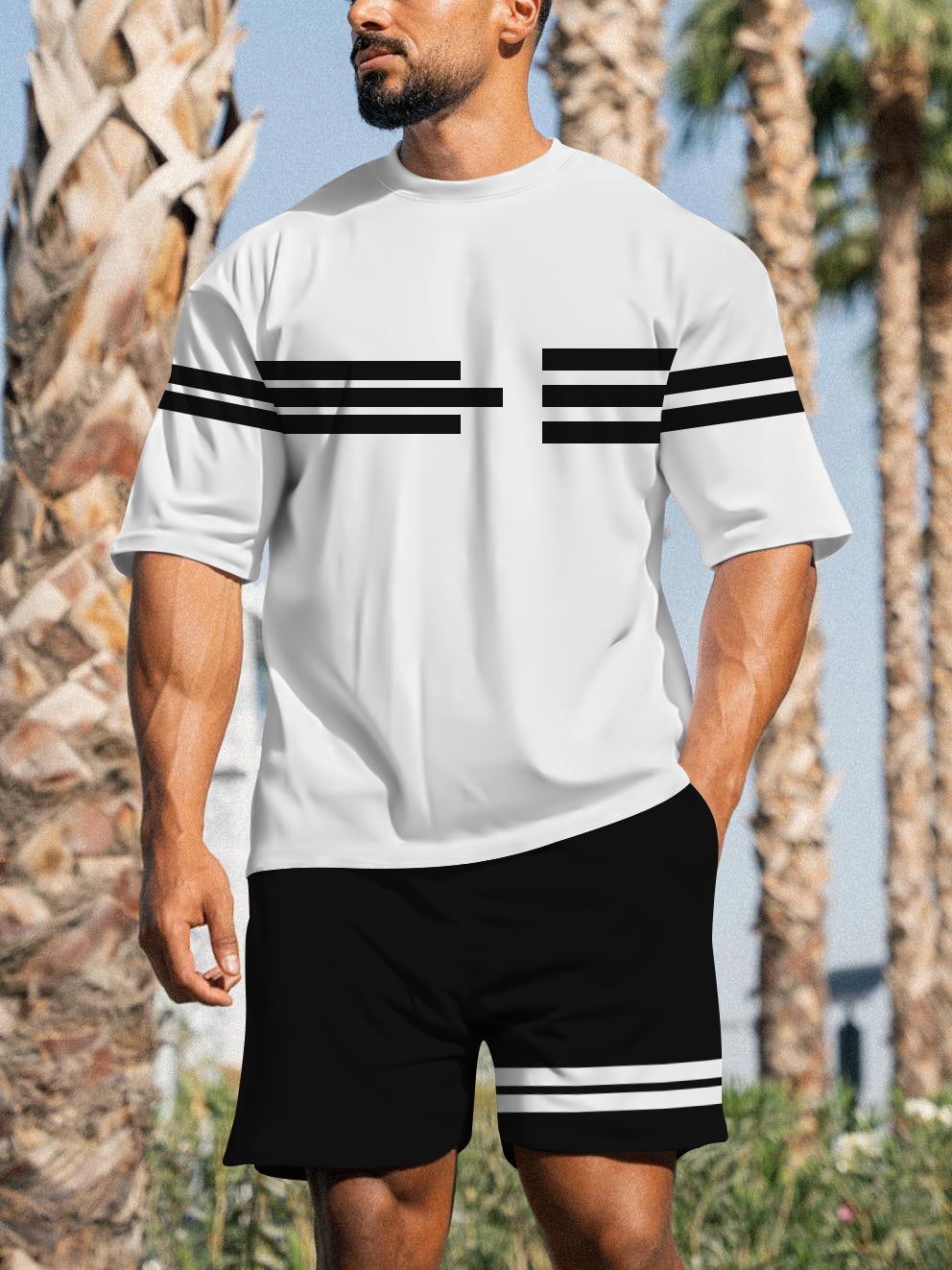Men's Casual Sports Street Simple Color Block Printed Shorts Suit 004