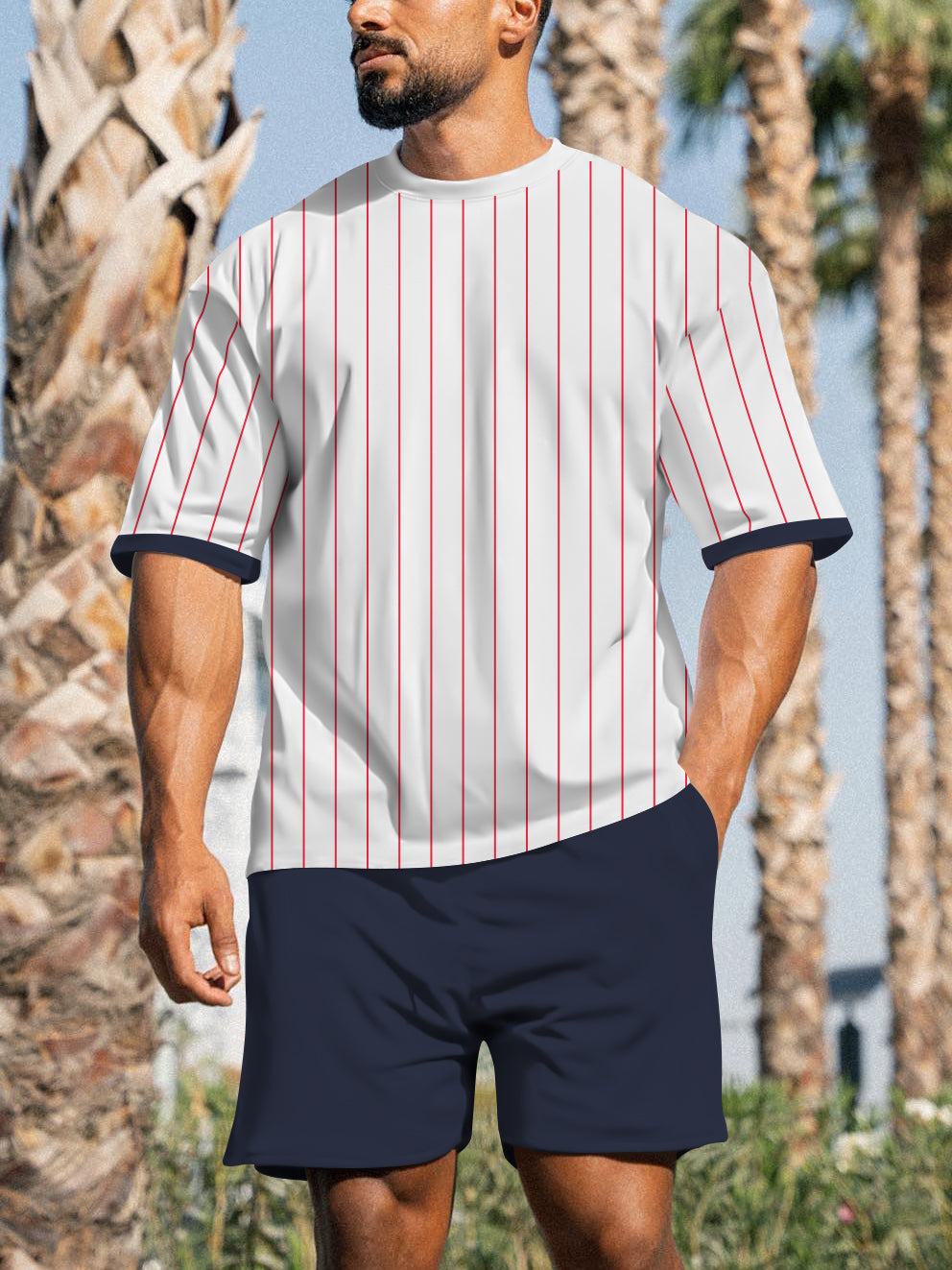 Men's Casual Sports Street Simple Color Block Printed Shorts Suit 008