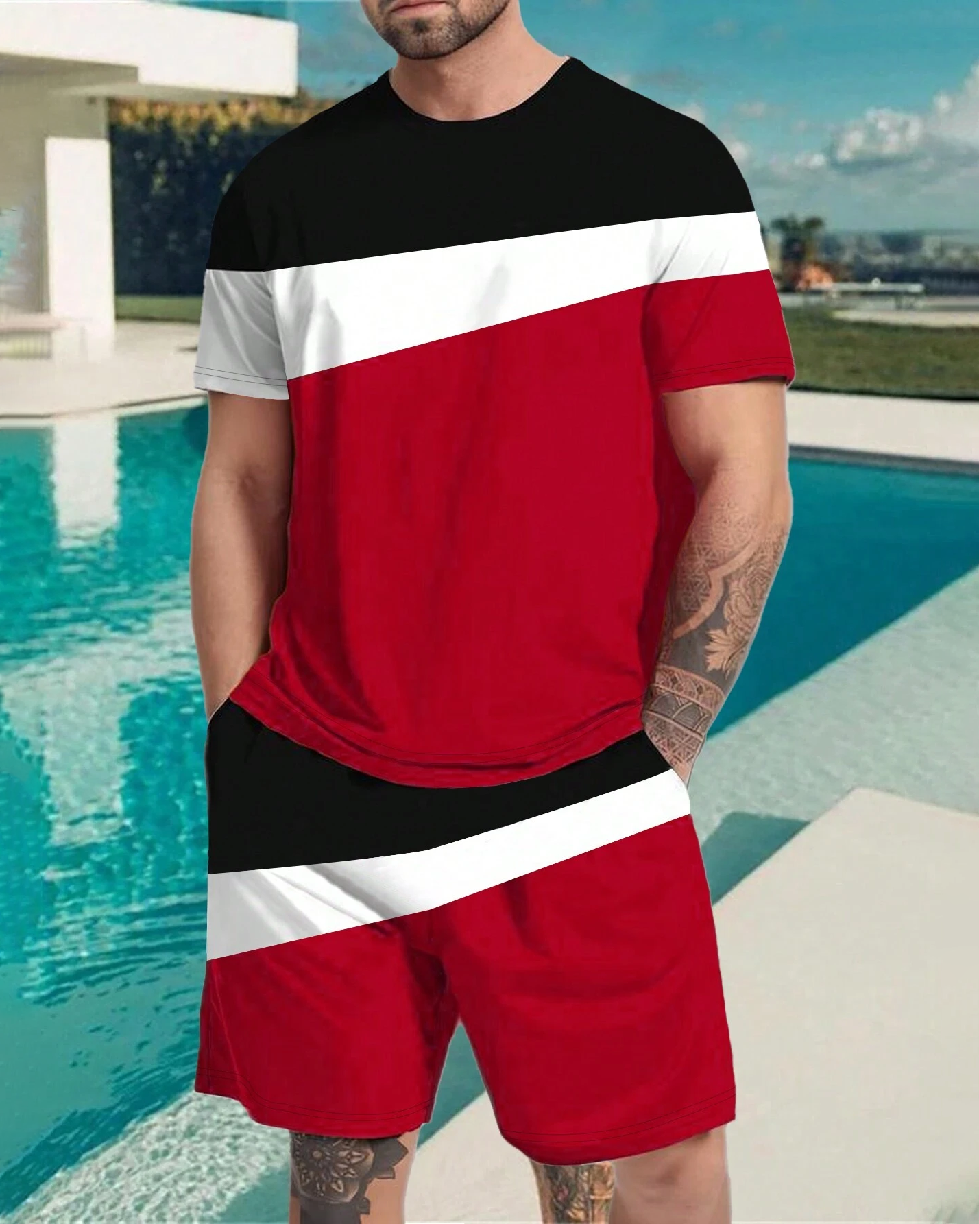 Men's casual color block printed shorts Set 506