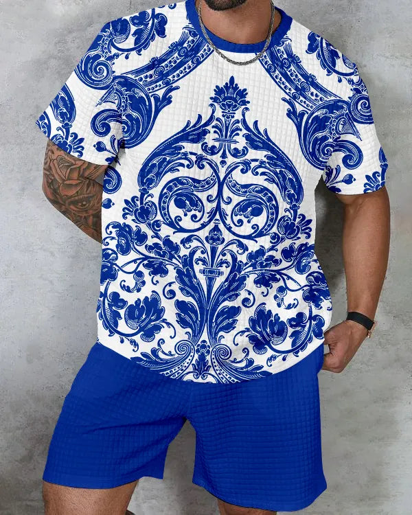 Men's textured waffle texture printed shorts Set 001