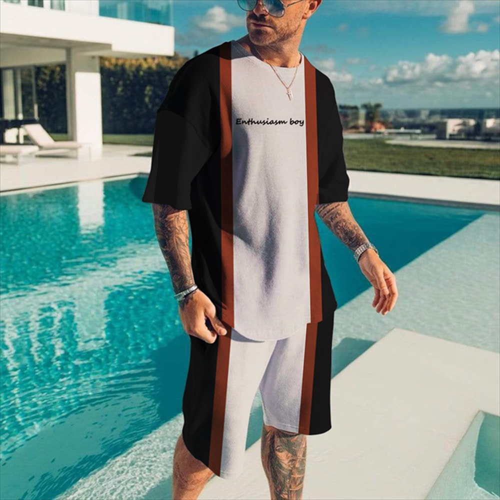 Men's casual color matching printed shorts set 411