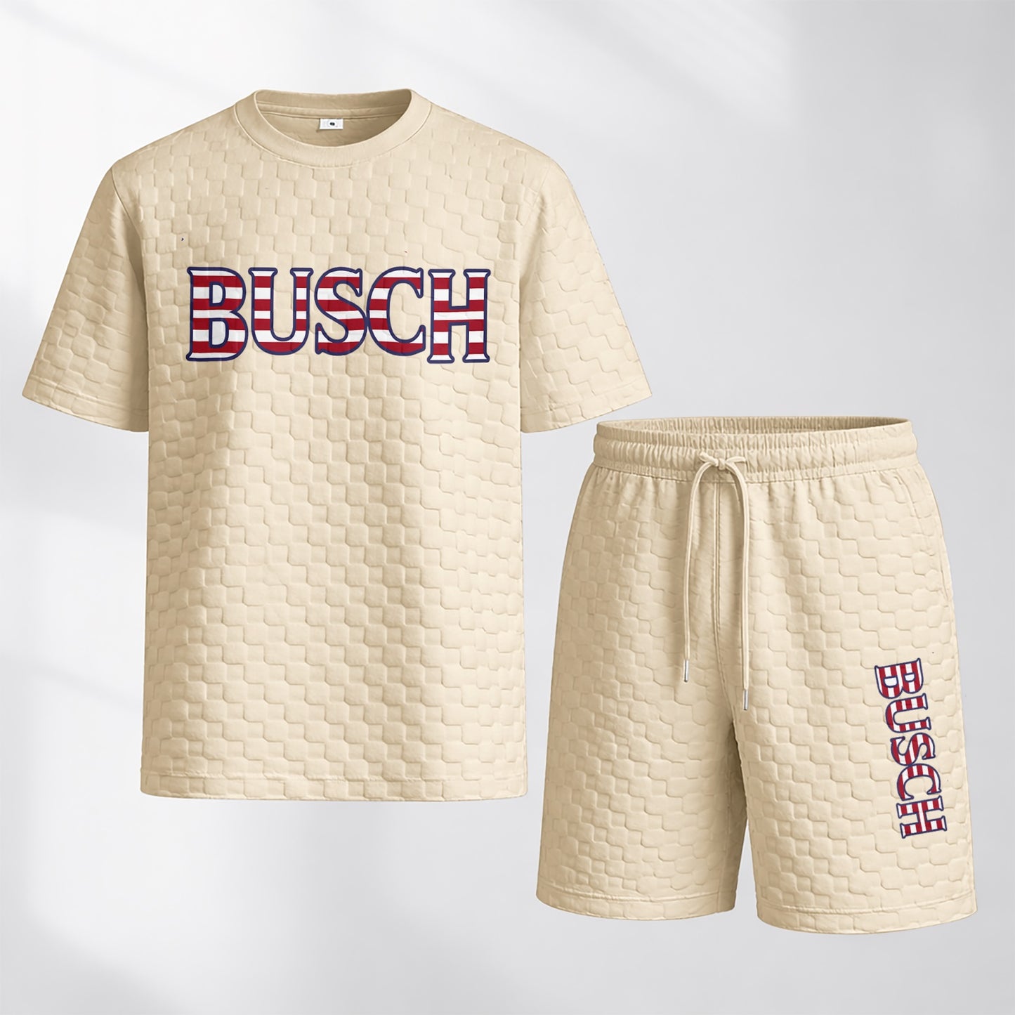 Men's Spring/Summer Drawstring Shorts Set featuring Beverage-Print Plaid Fabric—A casual summer ensemble comprising a short-sleeve shirt and shorts, ideal for both daily wear and athletic activities