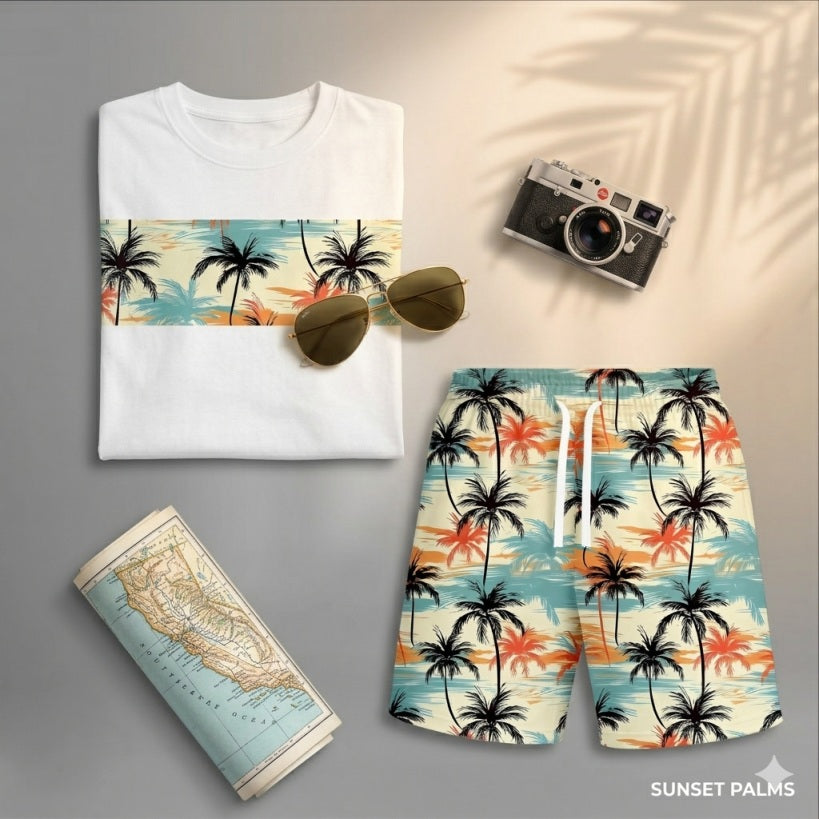 Men’s Beach Print Matching Set, Tropical Palm Graphic Short Sleeve Tee and Elastic Waist Shorts 2 Piece Outfit, Soft Breathable Summer Clothing for Vacation, Seaside Trips, Cruise, Holiday, Outdoor Leisure, and Everyday Wear