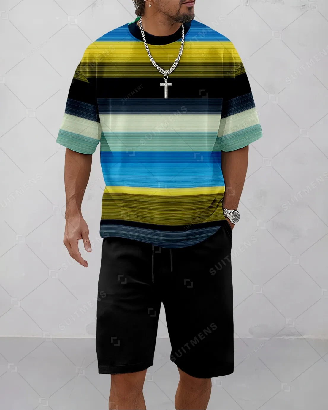 Men's Summer Colorblock Printed Round Neck Suit 080