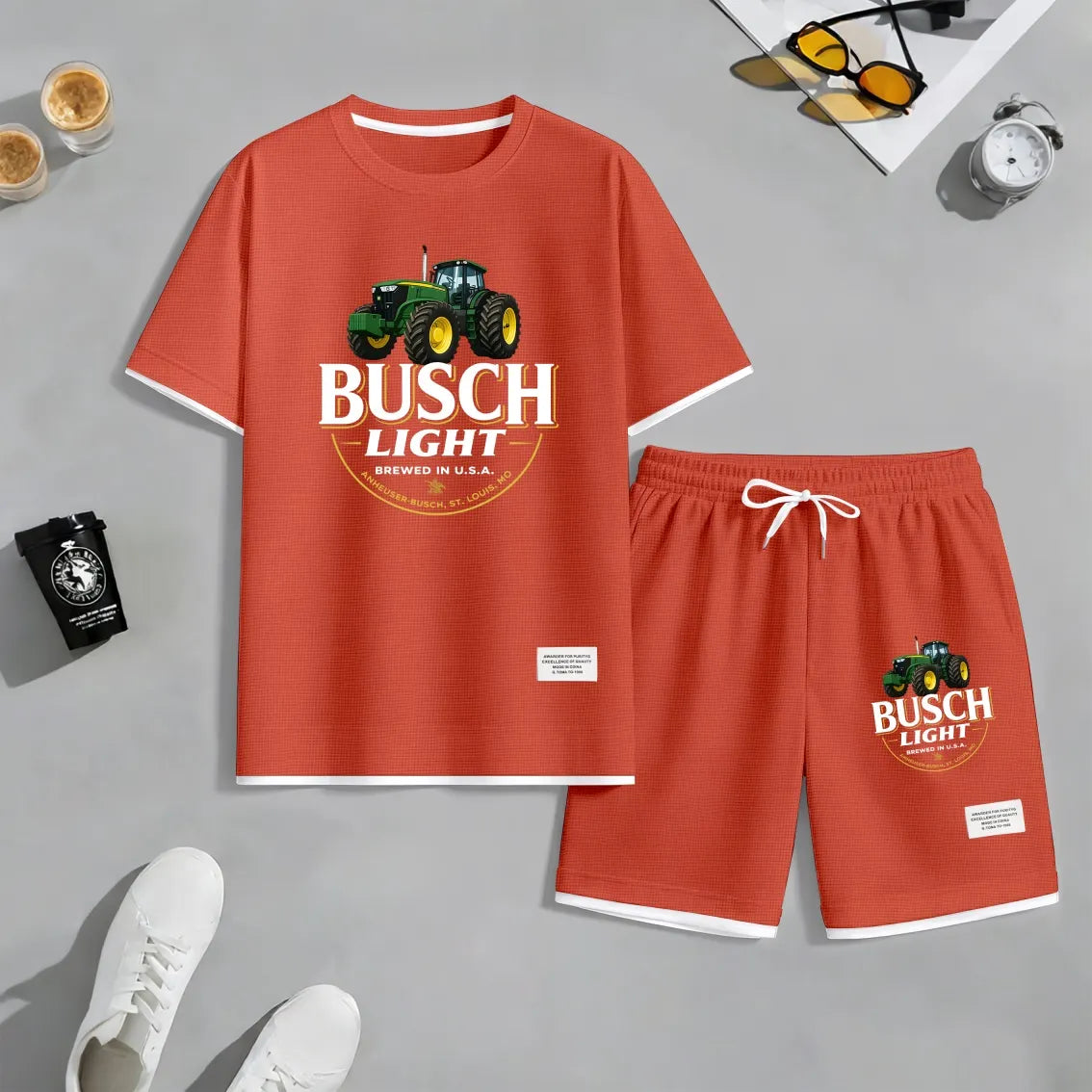 Men's Outdoor Iced Beer Print Waffle Fabric Short-Sleeved Shirt And Shorts Set