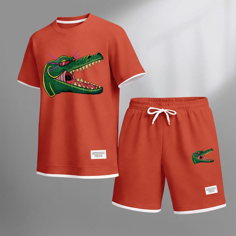 Men's Cartoon Crocodile Head Print Waffle Fabric Short-Sleeved Shirt And Shorts Set