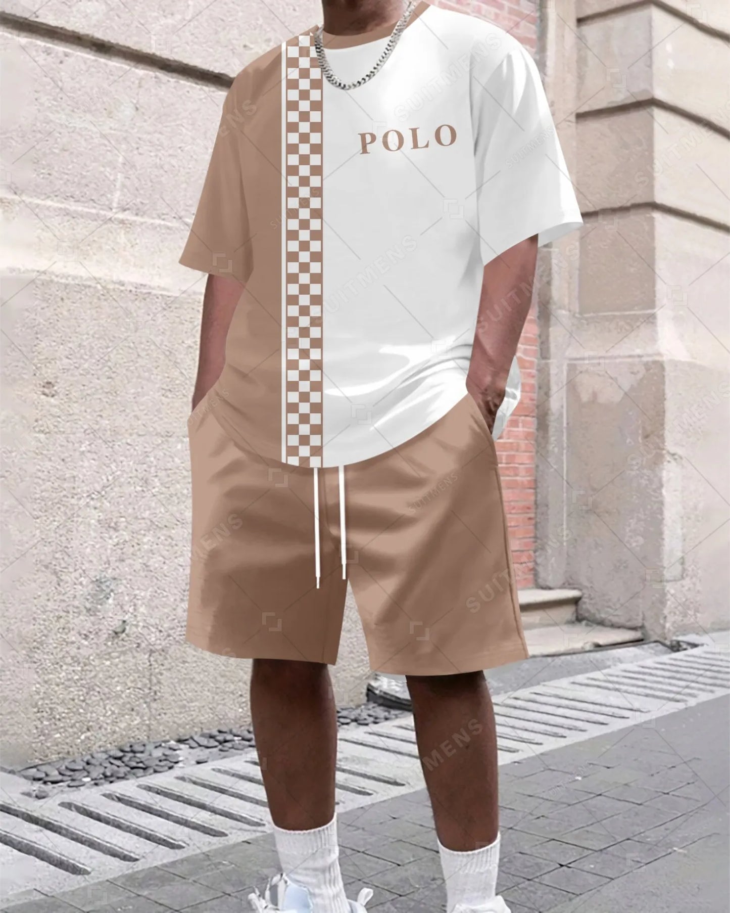 Men's Summer Colorblock Printed Round Neck Suit 037
