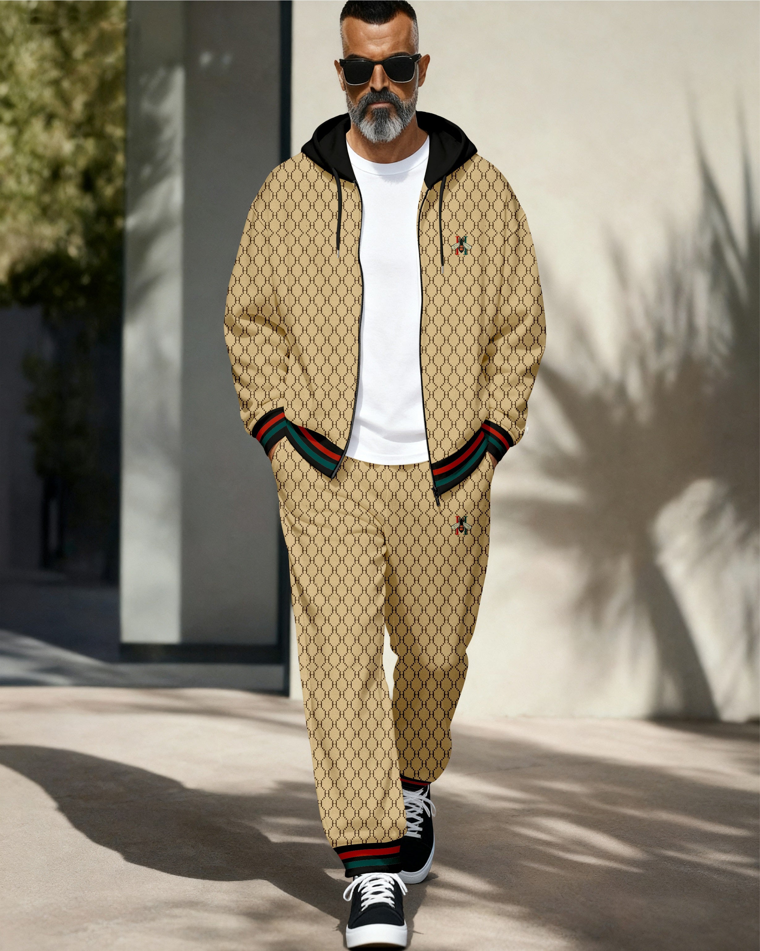 Men's Retro Luxury Thickened Fleece Colorblock Jacket Sports Hoodie Set 08
