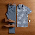 Men's Casual Gray Color Matching Ethnic Style Printed Short Sleeved Polo Shirt & Trousers Two-Piece Set