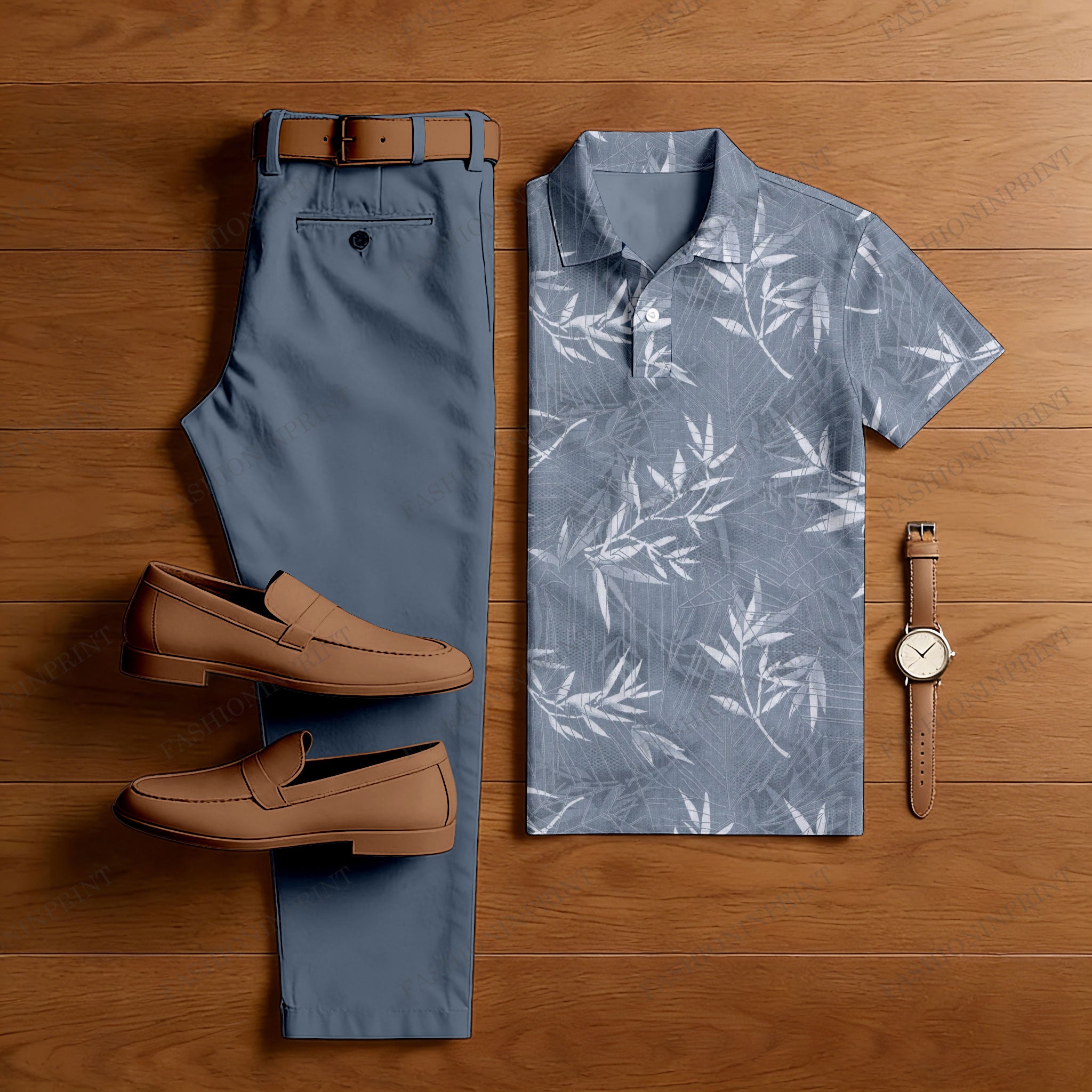 Men's Casual Gray Color Matching Ethnic Style Printed Short Sleeved Polo Shirt & Trousers Two-Piece Set