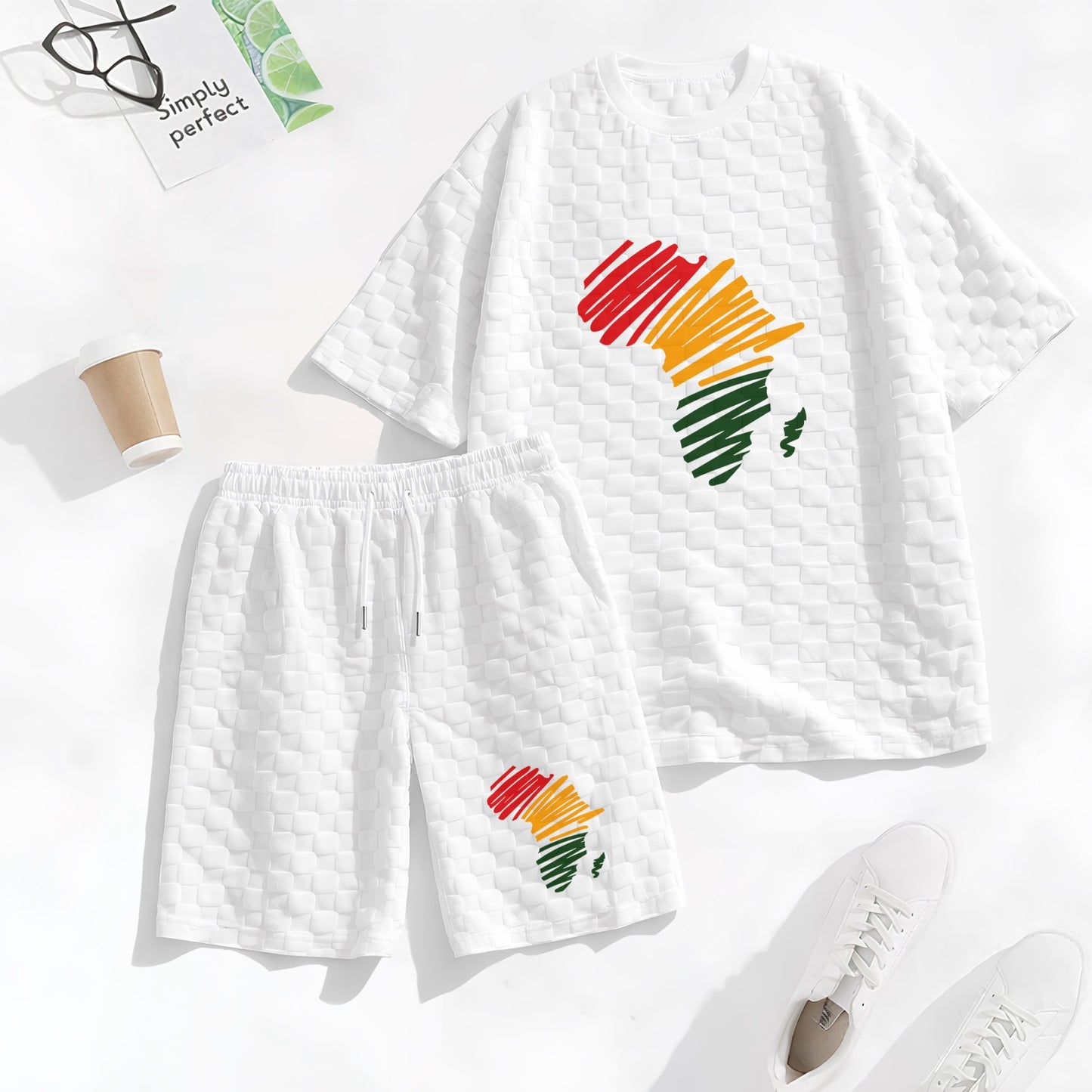 Men's Black History Print Spring And Summer Drawstring Shorts Set, A Casual Summer Outfit, Including A Short-Sleeved Shirt And Shorts, Suitable For Everyday Wear And Sports Activities.