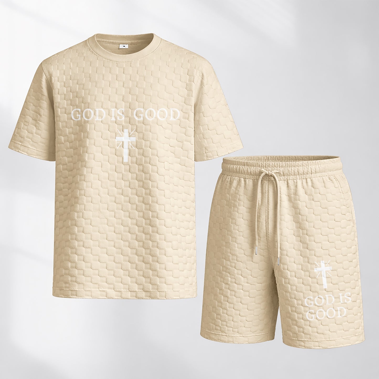 Men's Spring and Summer God is Good Letter Print Checkered Fabric Drawstring Shorts Set, Casual Summer Outfit with Short-Sleeved Shirt and Shorts, Ideal for Everyday Wear and Sports Activities