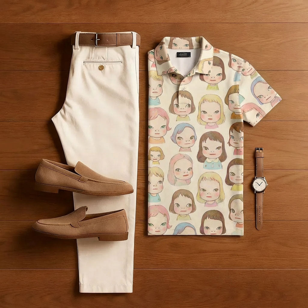 Men's Casual Apricot Doll Print Short-Sleeve Shirt And Trousers Two-Piece Set